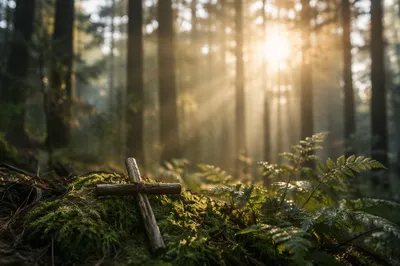 Sunlit Evergreen Forest Cross at Dawn