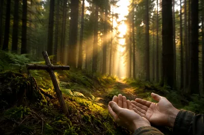 Golden Sunlight Through Evergreen Prayer Forest