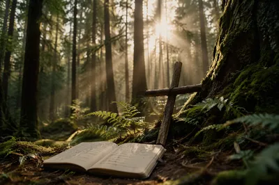 Morning Sunbeams Over Forest Prayer Cross