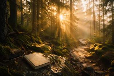 Sunlit Evergreen Forest Path at Dawn