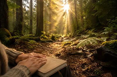 Sunlit Evergreen Forest Prayer Path