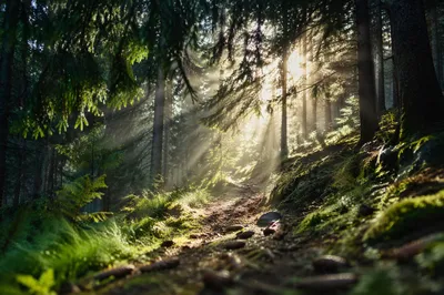 Sunlit Evergreen Forest Path at Dawn