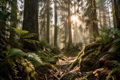 Morning Sunbeams in Evergreen Forest