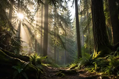 Golden Sunbeams Through Evergreen Forest Canopy
