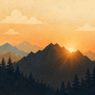 Golden Sunrise Over Evergreen Mountain Silhouette