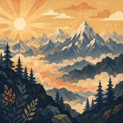Golden Sunrise Over Evergreen Mountain Range