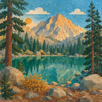 Golden Sunrise Over Evergreen Mountain Lake