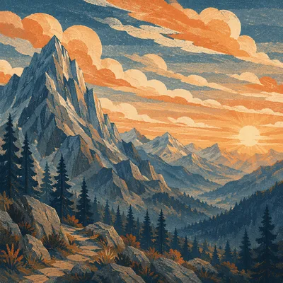 Golden Sunrise Over Evergreen Mountain Range