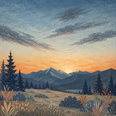 Golden Sunrise Over Evergreen Mountain Range