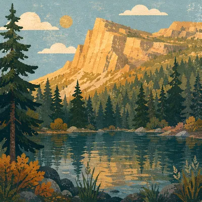 Golden Sunrise Over Evergreen Mountain Lake
