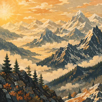 Golden Sunrise Over Evergreen Alpine Mountains