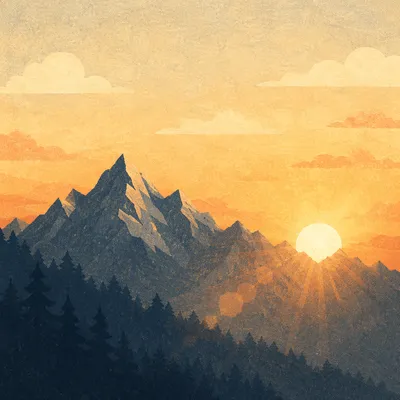 Golden Sunrise Over Evergreen Mountain Range