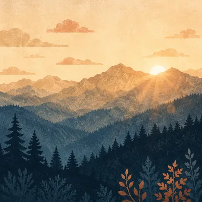 Golden Sunrise Over Evergreen Mountain Range