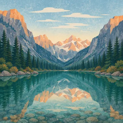 Golden Sunrise Over Evergreen Mountain Lake