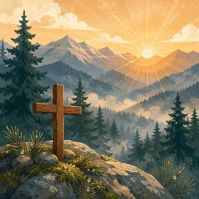 Golden Sunrise Cross Over Evergreen Mountains