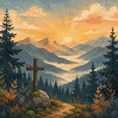 Golden Sunrise Cross in Evergreen Mountains