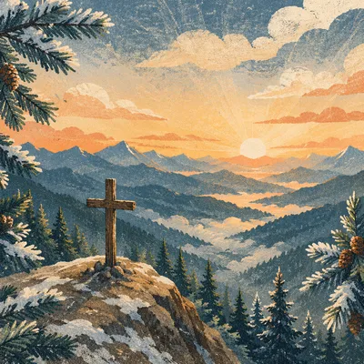 Wooden Cross at Golden Mountain Sunrise