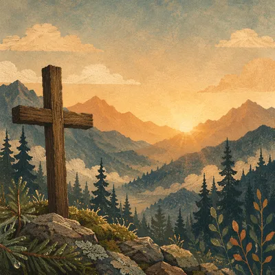 Golden Sunrise Cross in Evergreen Mountains