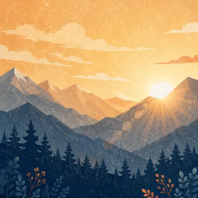 Golden Sunrise Over Evergreen Mountain Range