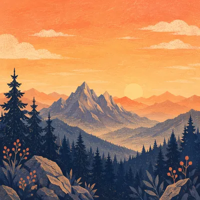 Golden Sunrise Over Evergreen Mountain Range