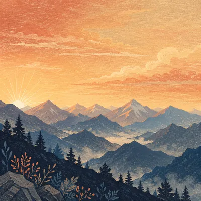 Golden Sunrise Over Evergreen Mountain Ridges