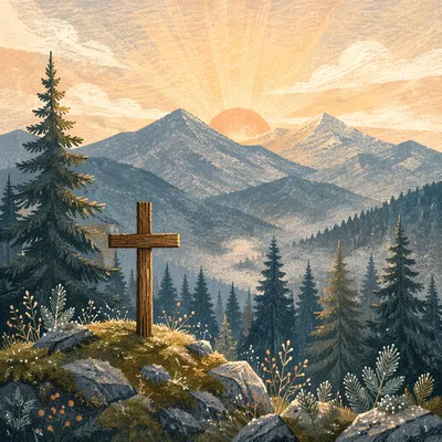 Golden Sunrise Cross in Evergreen Mountains