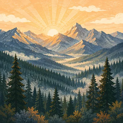 Golden Sunrise Over Evergreen Mountain Range