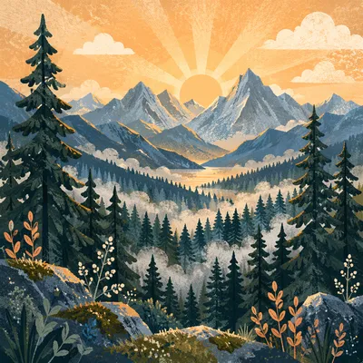 Golden Sunrise Over Evergreen Mountain Range