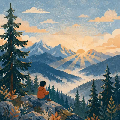 Golden Sunrise Over Evergreen Mountain Range