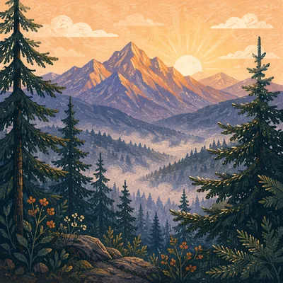 Golden Sunrise Over Evergreen Mountain Ridges