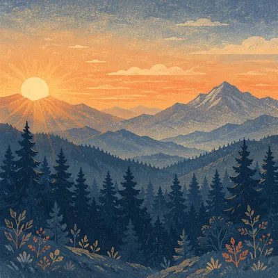 Golden Sunrise Over Evergreen Mountain Range