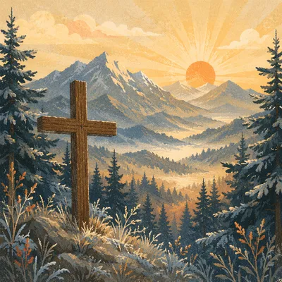 Golden Sunrise Cross Over Evergreen Mountains