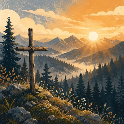 Golden Sunrise Cross Over Evergreen Mountains