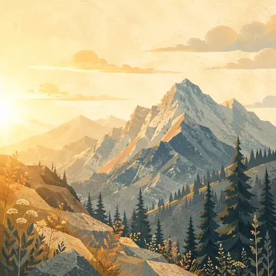 Golden Sunrise Over Evergreen Mountain Range