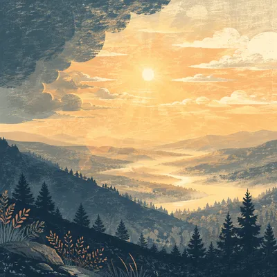 Golden Sunrise Over Evergreen Mountain Ridges
