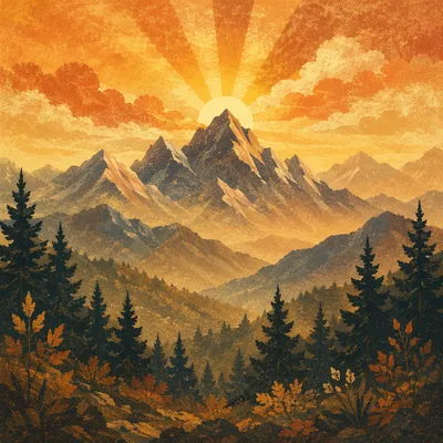 Golden Sunrise Over Evergreen Mountain Peaks