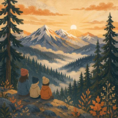 Golden Sunrise Over Evergreen Mountain Range