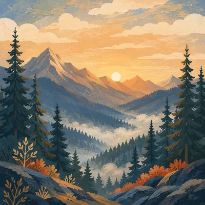 Golden Sunrise Over Evergreen Mountain Ridge