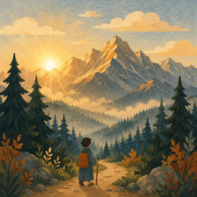 Golden Sunrise Over Evergreen Mountain Path