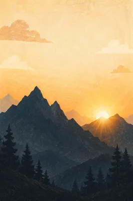 Golden Sunrise Over Evergreen Mountain Peaks