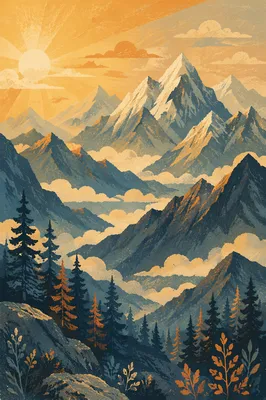 Golden Sunrise Over Evergreen Mountain Peaks