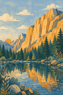 Golden Sunrise Over Evergreen Mountain Lake