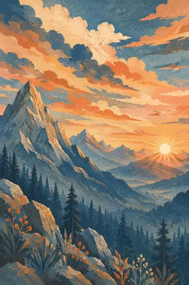 Golden Sunrise Over Evergreen Mountain Range