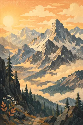 Golden Sunrise Over Evergreen Mountain Range
