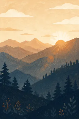 Golden Sunrise Over Evergreen Mountain Range