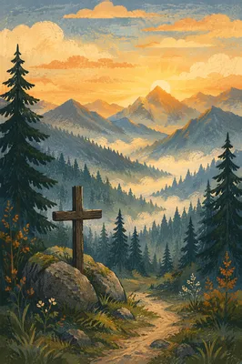 Golden Sunrise Cross in Evergreen Mountains