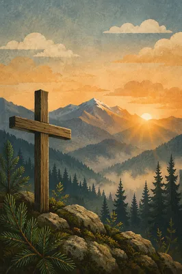 Golden Sunrise Cross in Evergreen Mountains