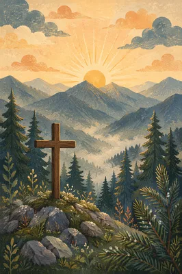 Golden Sunrise Cross in Evergreen Mountains