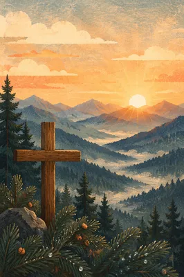 Golden Sunrise Cross Over Evergreen Mountains