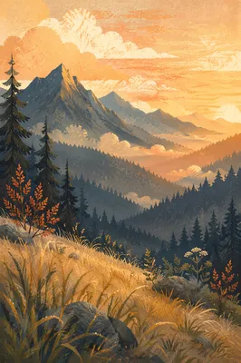Golden Sunrise Over Evergreen Mountain Range